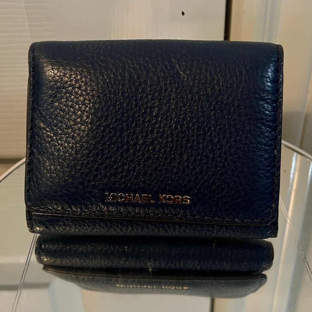 Michael Kors Pebbled Leather Compact Wallet - Dark Blue with Gold Logo